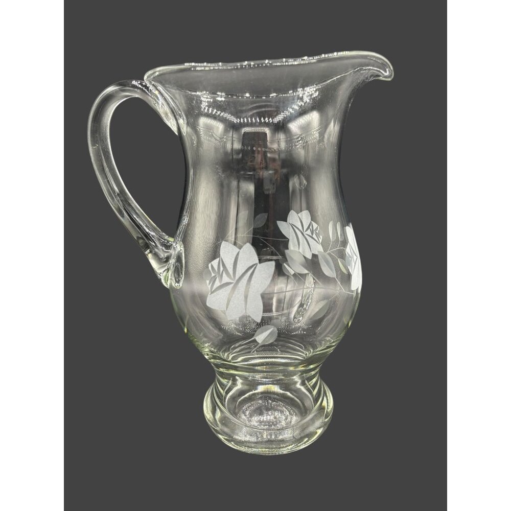 Vintage Large Etched Rose Blown Glass Pitcher Applied handle 10" T